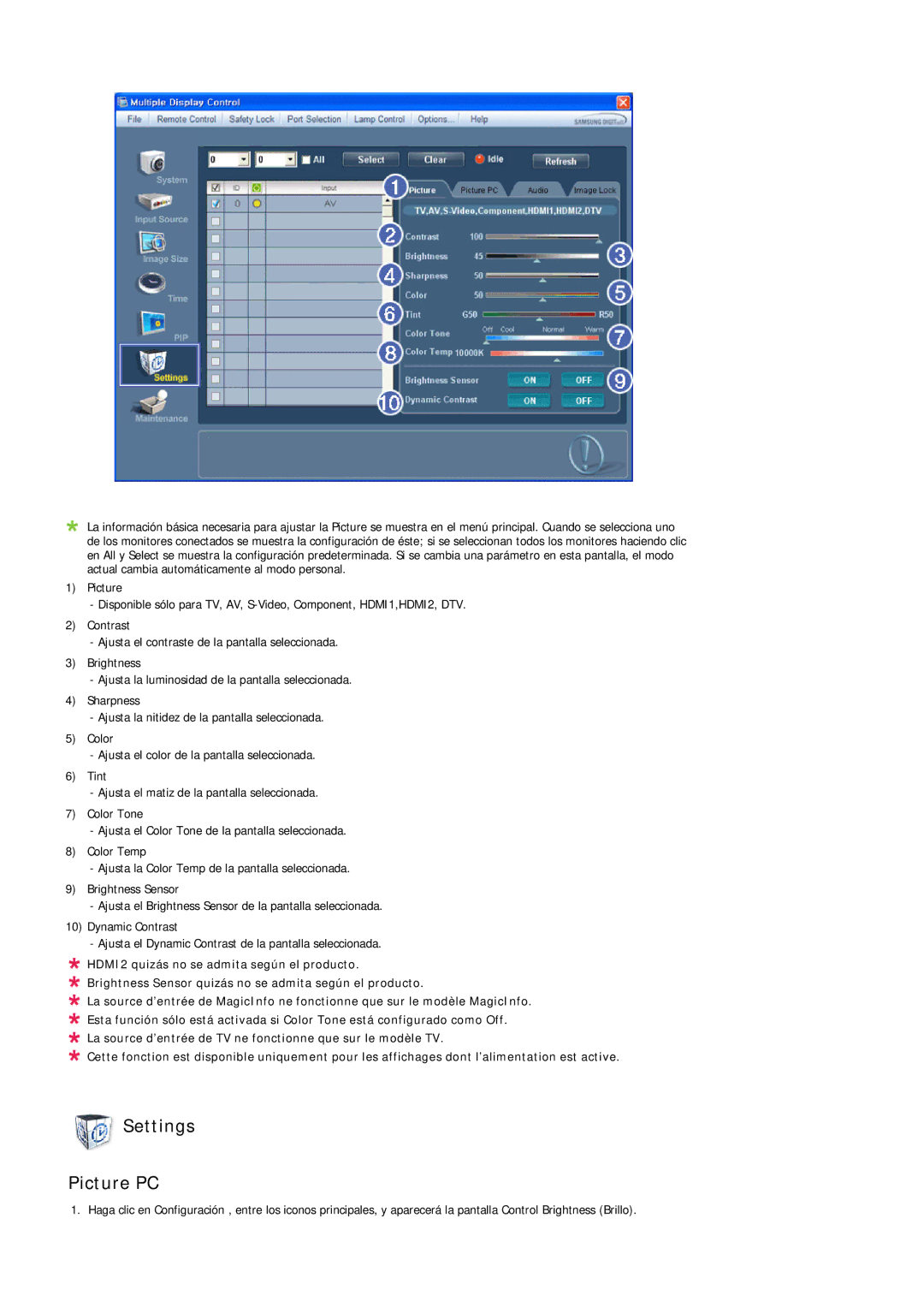 Samsung LH46LBTLBC/EN, LH40LBTLBC/EN, LH40LBPLBC/EN, LH55LBTLBC/EN, LH55LBPLBC/EN, LH46LBPLBC/EN manual Settings Picture PC 