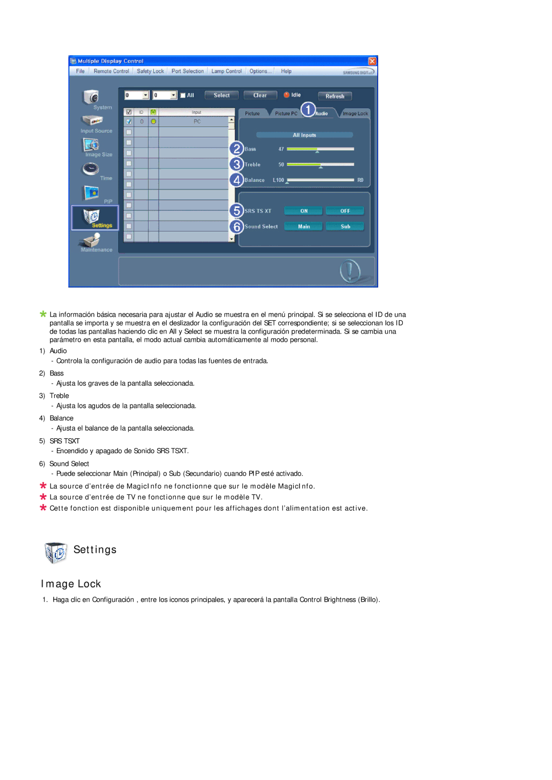 Samsung LH46LBTLBC/ZA, LH40LBTLBC/EN, LH40LBPLBC/EN, LH55LBTLBC/EN, LH55LBPLBC/EN, LH46LBTLBC/EN Settings Image Lock, SRS Tsxt 