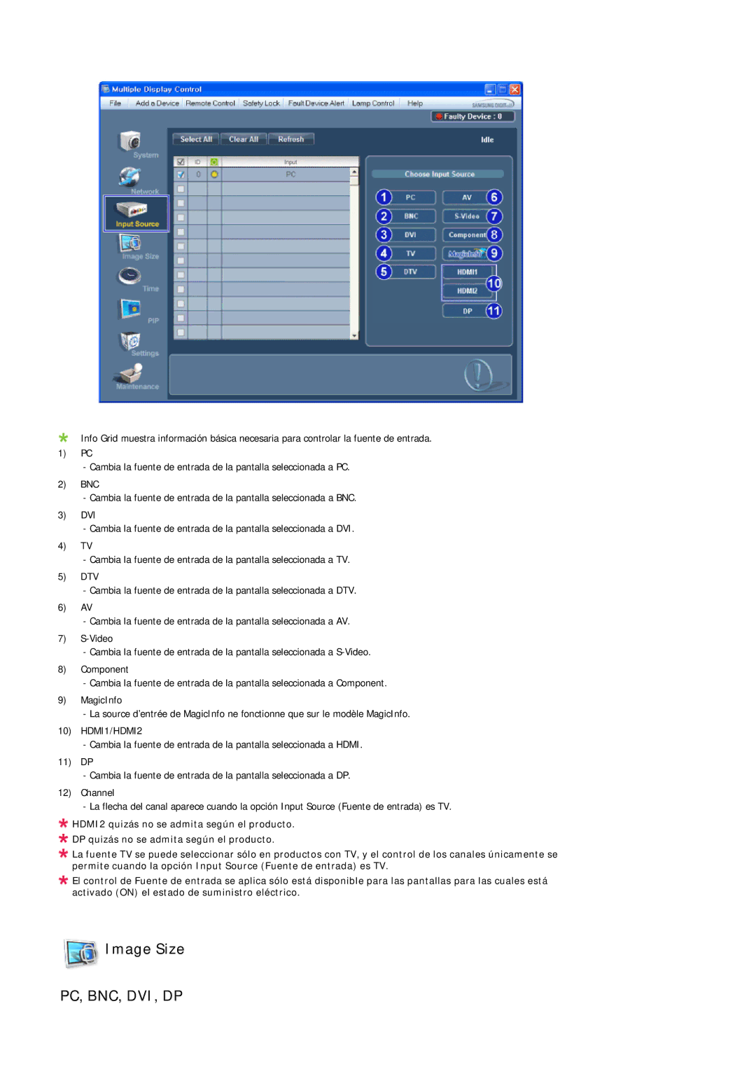 Samsung LH55LBPLBC/EN, LH40LBTLBC/EN, LH40LBPLBC/EN, LH55LBTLBC/EN, LH46LBTLBC/EN, LH46LBPLBC/EN manual Pc, Bnc, Dvi, Dp 