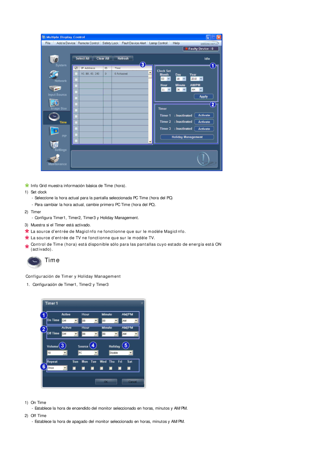 Samsung LH46LBTLBC/ZA, LH40LBTLBC/EN, LH40LBPLBC/EN, LH55LBTLBC/EN, LH55LBPLBC/EN Configuración de Timer y Holiday Management 