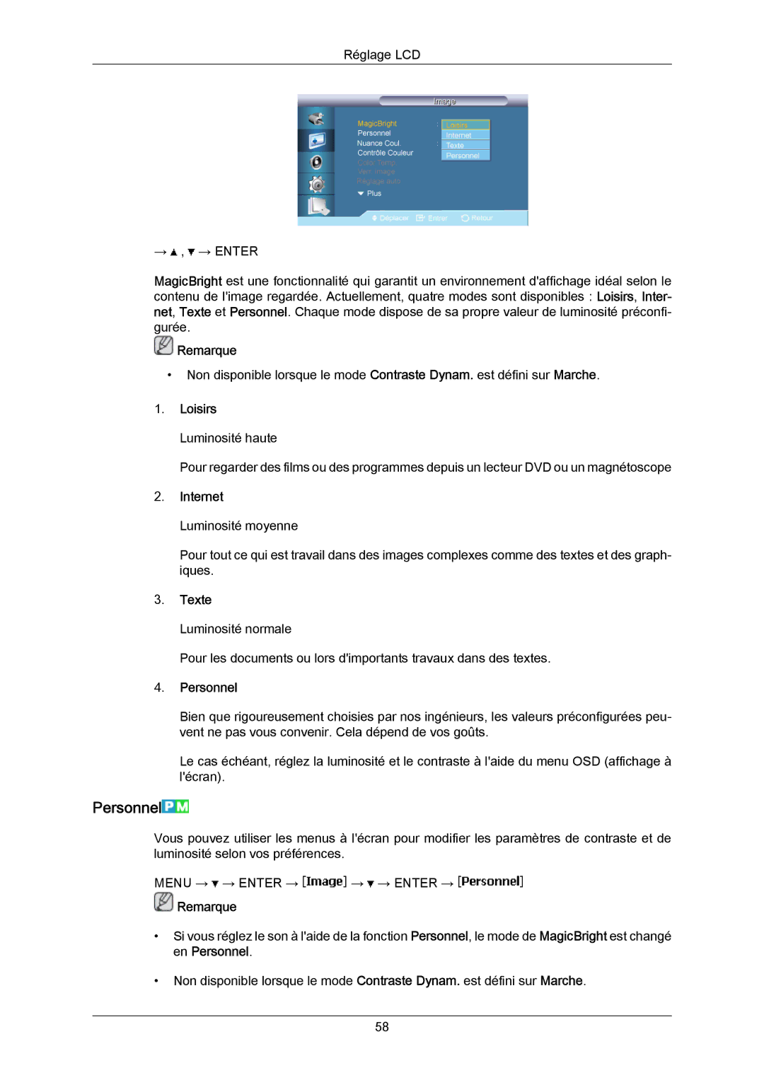 Samsung LH46LBPLBC/EN, LH40LBTLBC/EN, LH40LBPLBC/EN, LH55LBTLBC/EN manual Personnel, Loisirs Luminosité haute, Internet, Texte 