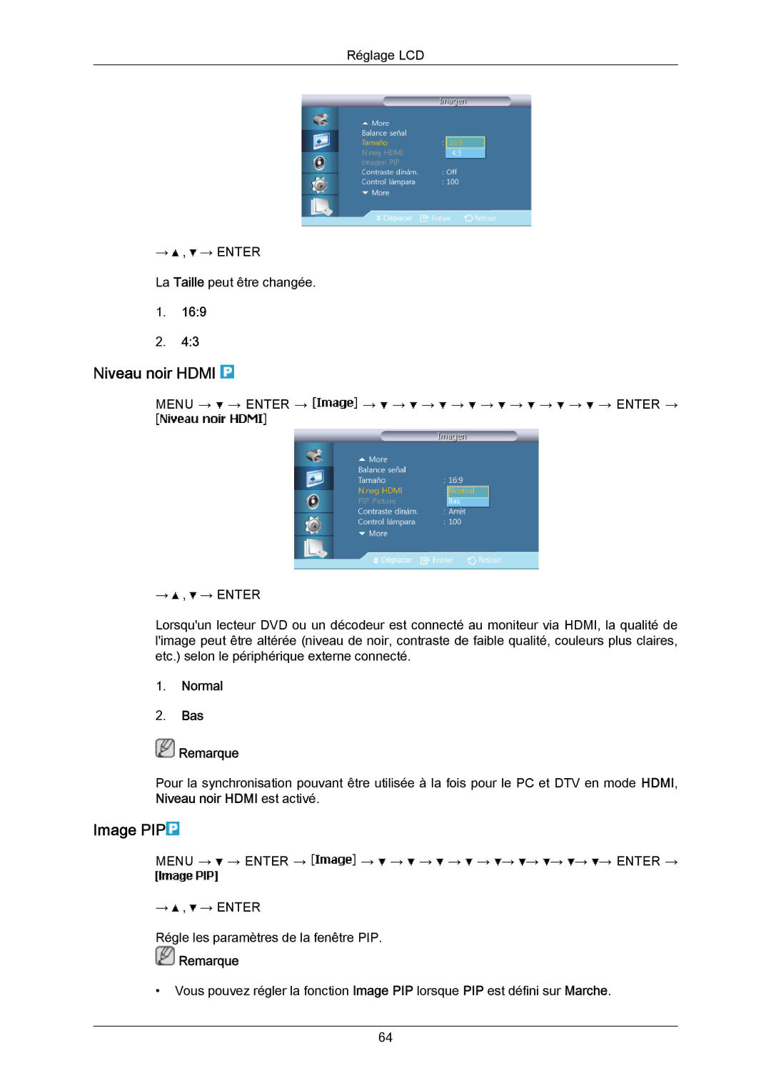 Samsung LH46LBPLBC/EN, LH40LBTLBC/EN, LH40LBPLBC/EN, LH55LBTLBC/EN manual Niveau noir Hdmi, Image PIP, Normal Bas Remarque 