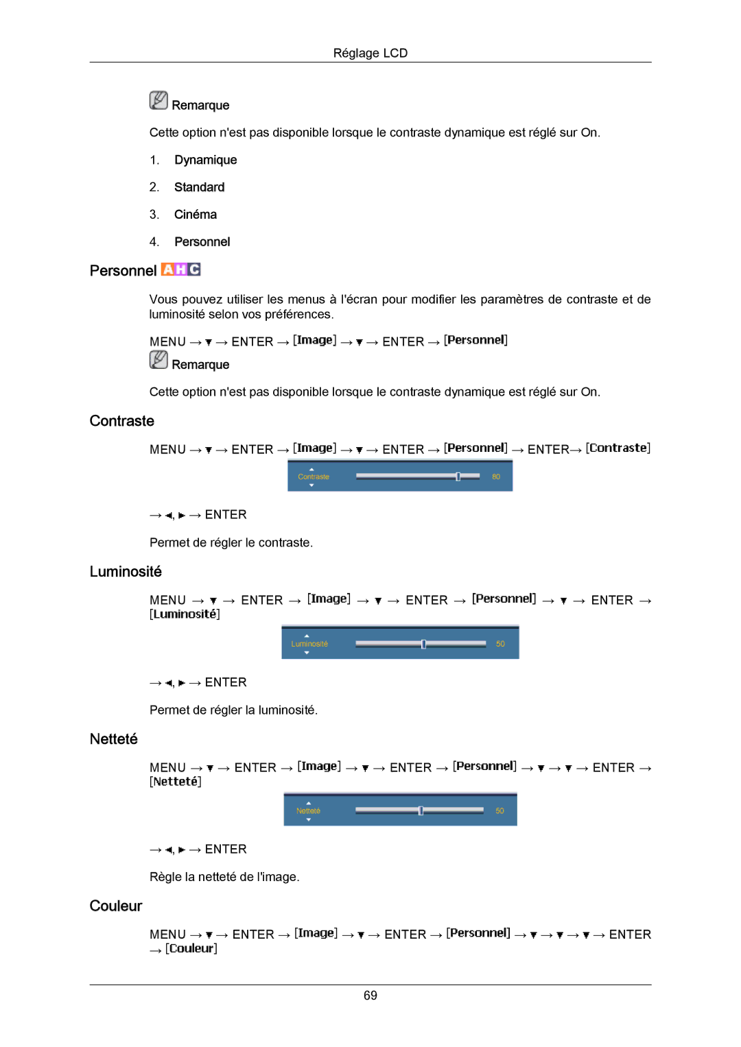 Samsung LH46LBTLBC/EN, LH40LBTLBC/EN manual Contraste, Luminosité, Netteté, Couleur, Dynamique Standard Cinéma Personnel 