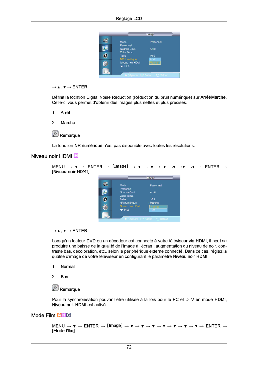 Samsung LH40LBPLBC/EN, LH40LBTLBC/EN, LH55LBTLBC/EN, LH55LBPLBC/EN, LH46LBTLBC/EN manual Mode Film, Arrêt Marche Remarque 