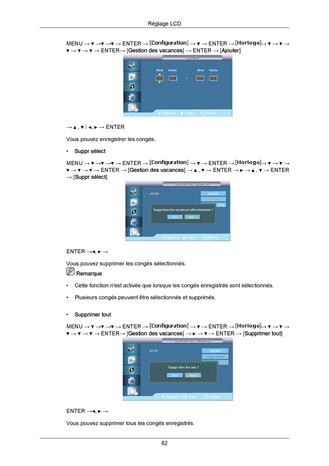 Samsung LH46LBPLBC/EN, LH40LBTLBC/EN, LH40LBPLBC/EN, LH55LBTLBC/EN, LH55LBPLBC/EN manual → Suppr sélect, Supprimer tout 