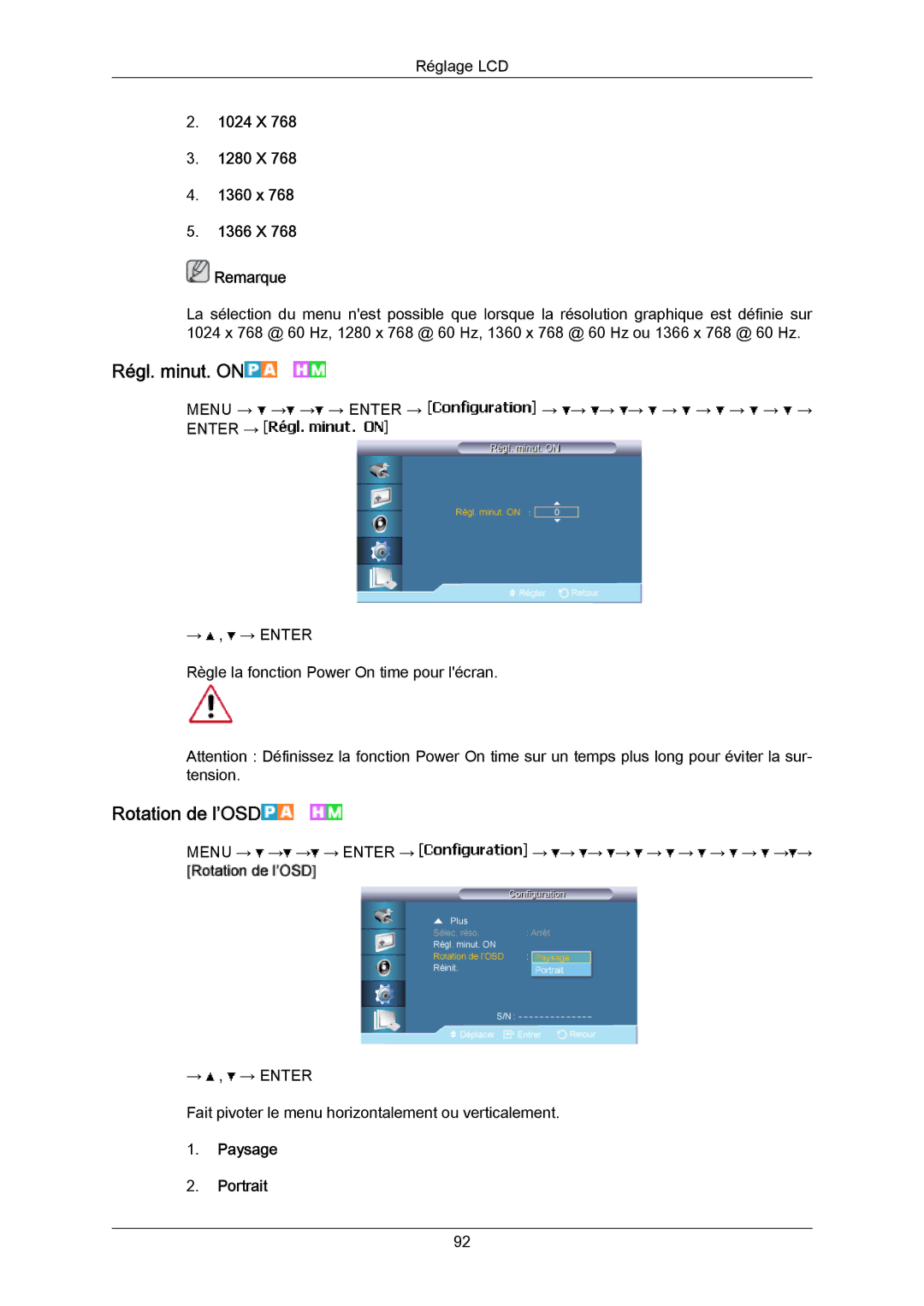 Samsung LH55LBPLBC/EN manual Régl. minut. on, Rotation de l’OSD, 1024 X 1280 X 1360 x 1366 X Remarque, Paysage Portrait 