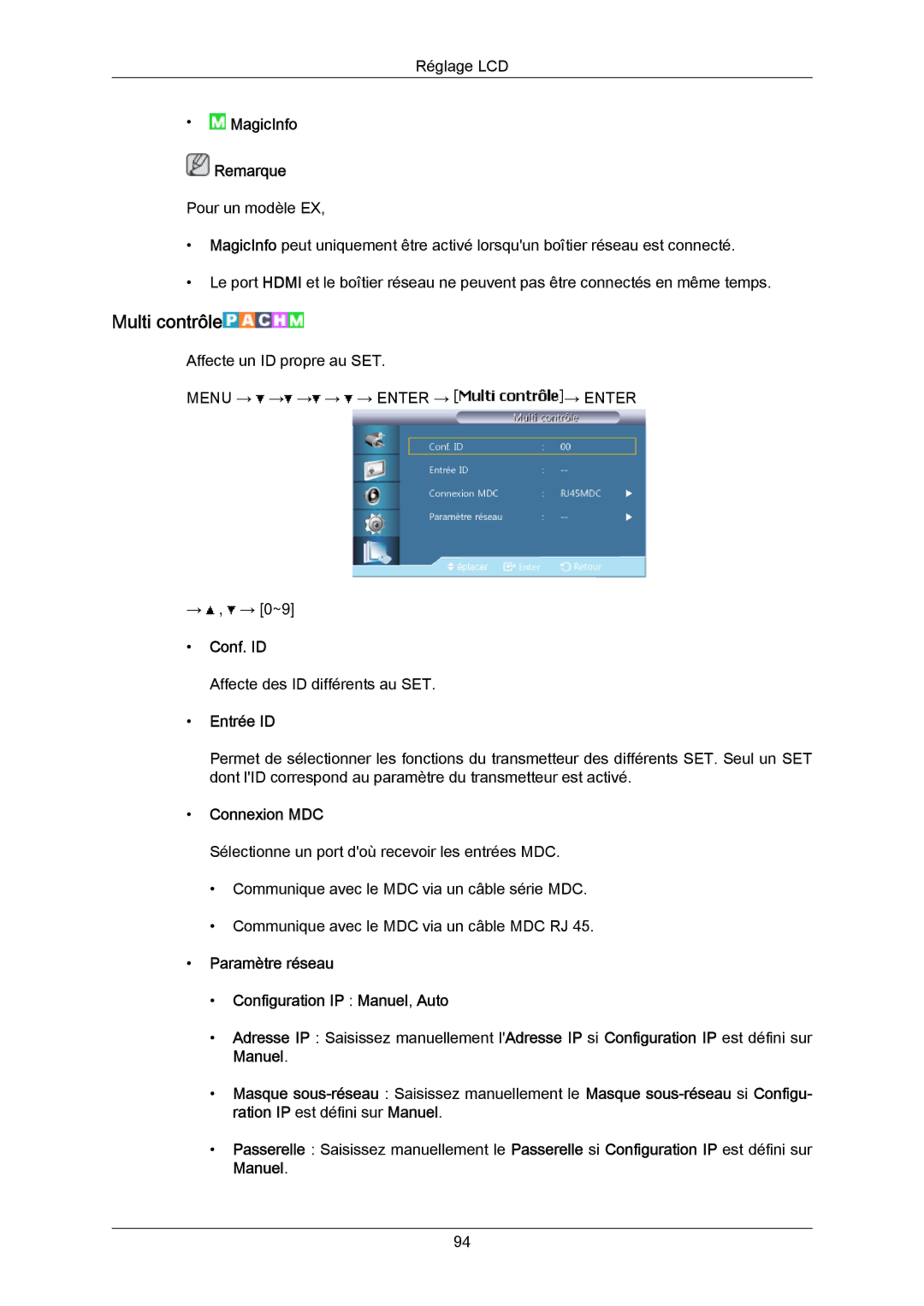 Samsung LH46LBPLBC/EN Multi contrôle, Conf. ID, Entrée ID, Connexion MDC, Paramètre réseau Configuration IP Manuel, Auto 