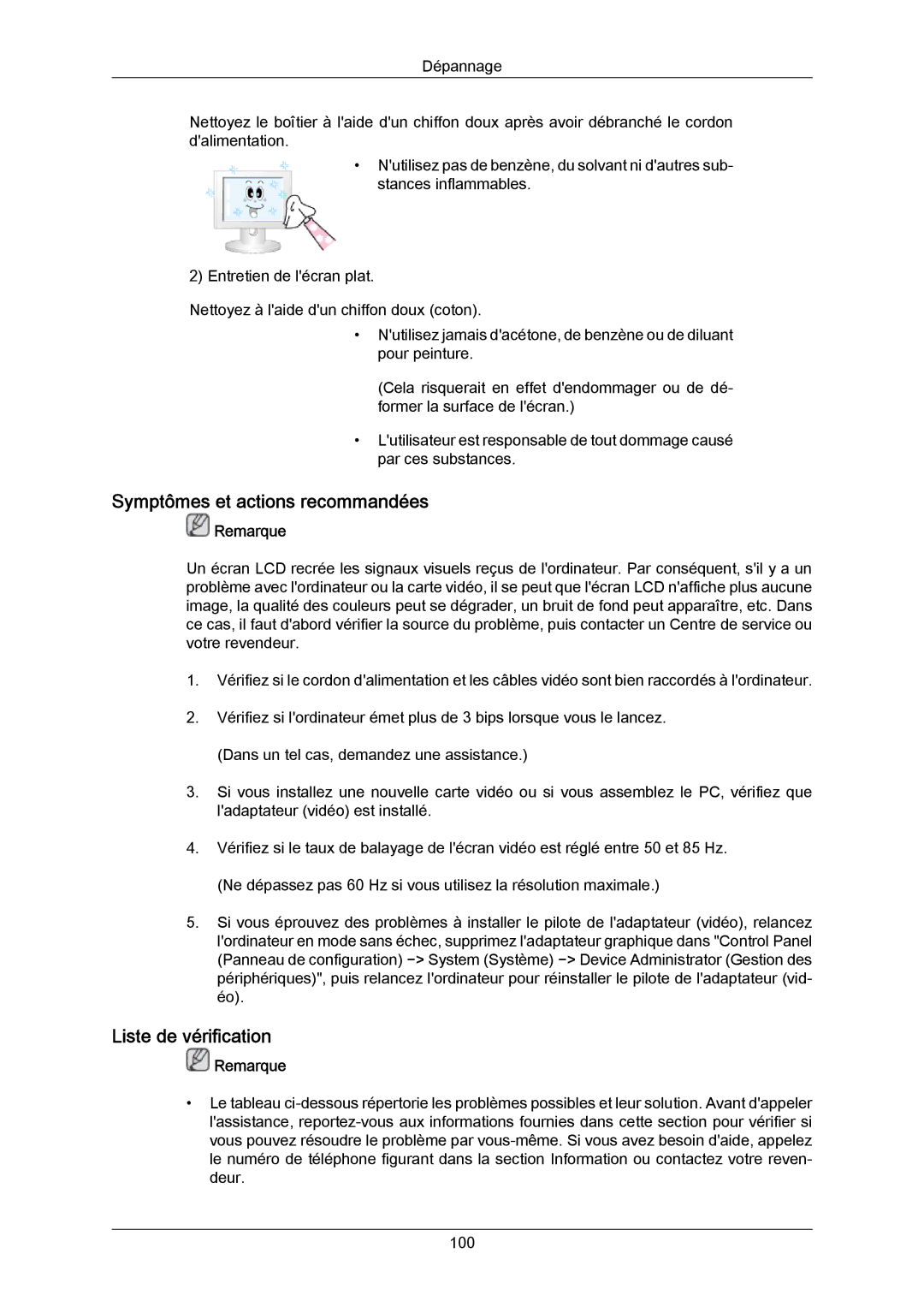 Samsung LH46LBPLBC/EN, LH40LBTLBC/EN, LH40LBPLBC/EN, LH55LBTLBC/EN Symptômes et actions recommandées, Liste de vérification 