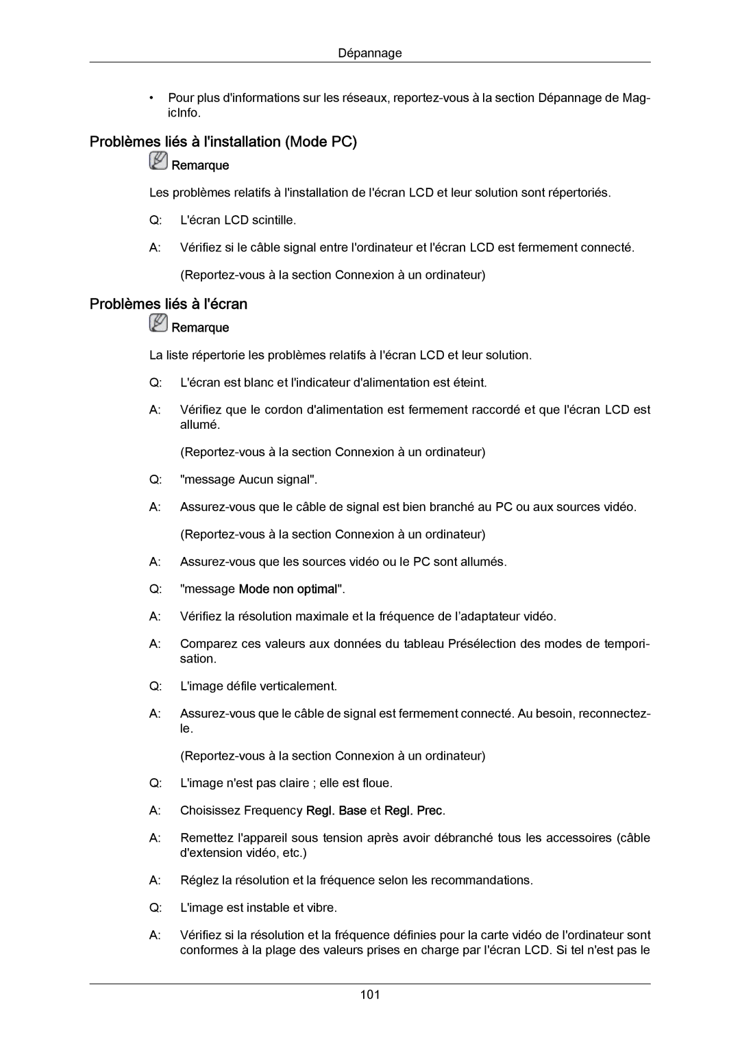 Samsung LH40LBTLBC/EN manual Problèmes liés à linstallation Mode PC, Problèmes liés à lécran, Message Mode non optimal 