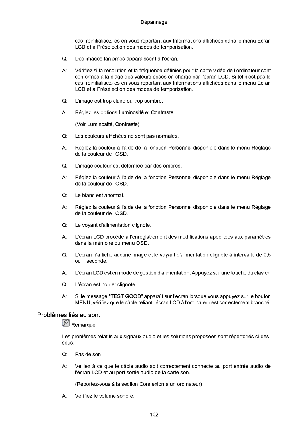 Samsung LH40LBPLBC/EN, LH40LBTLBC/EN, LH55LBTLBC/EN, LH55LBPLBC/EN, LH46LBTLBC/EN, LH46LBPLBC/EN manual Problèmes liés au son 