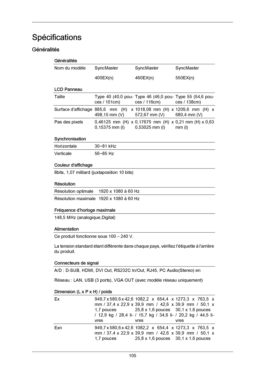 Samsung LH46LBTLBC/EN, LH40LBTLBC/EN, LH40LBPLBC/EN, LH55LBTLBC/EN, LH55LBPLBC/EN, LH46LBPLBC/EN manual Généralités 