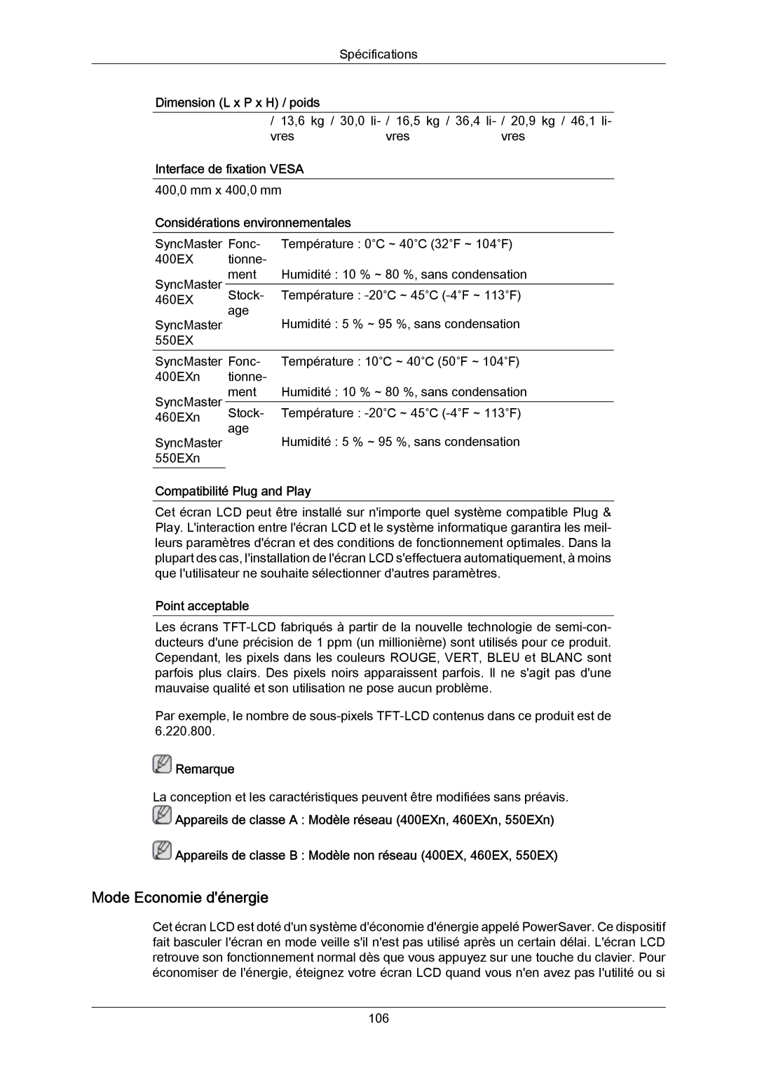 Samsung LH46LBPLBC/EN, LH40LBTLBC/EN Mode Economie dénergie, Interface de fixation Vesa, Considérations environnementales 