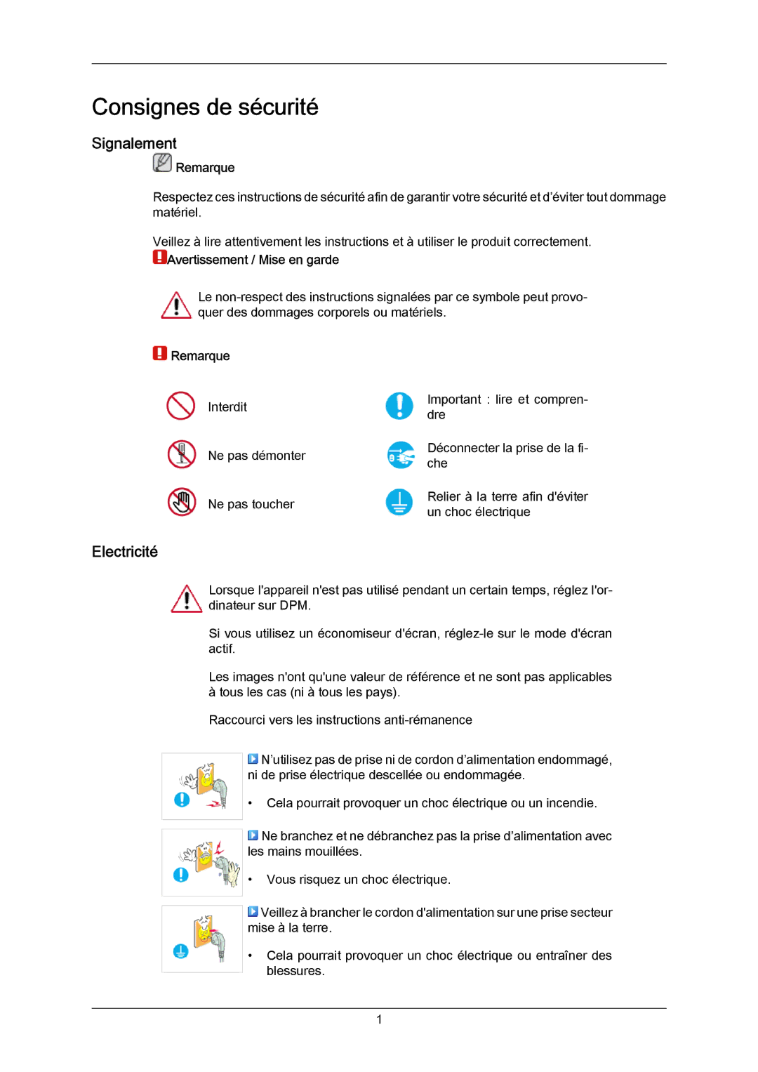 Samsung LH55LBTLBC/EN, LH40LBTLBC/EN, LH40LBPLBC/EN manual Signalement, Electricité, Remarque, Avertissement / Mise en garde 