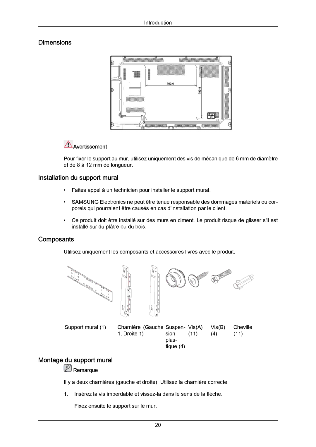 Samsung LH55LBPLBC/EN manual Dimensions, Installation du support mural, Composants, Montage du support mural, Avertissement 