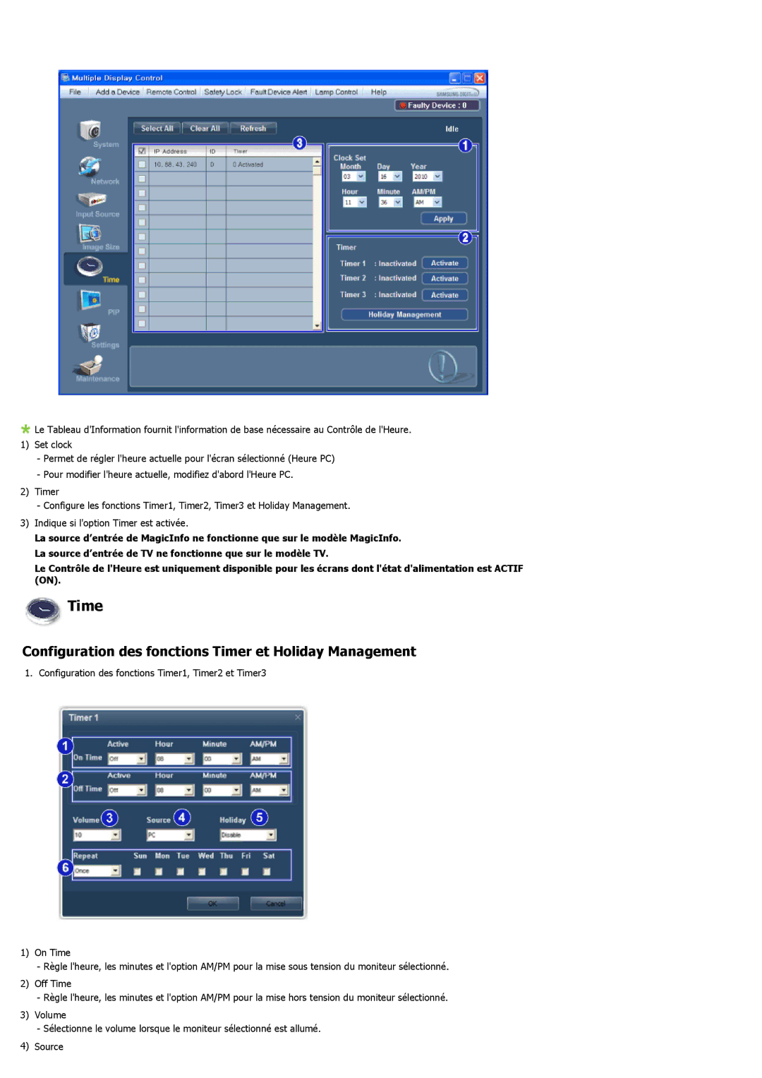 Samsung LH40LBTLBC/EN, LH40LBPLBC/EN, LH55LBTLBC/EN, LH55LBPLBC/EN Configuration des fonctions Timer et Holiday Management 