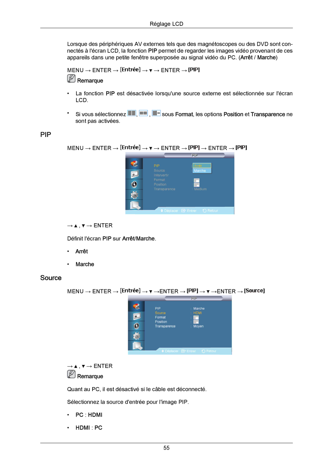 Samsung LH55LBTLBC/EN, LH40LBTLBC/EN, LH40LBPLBC/EN, LH55LBPLBC/EN, LH46LBTLBC/EN, LH46LBPLBC/EN manual Source, Arrêt Marche 