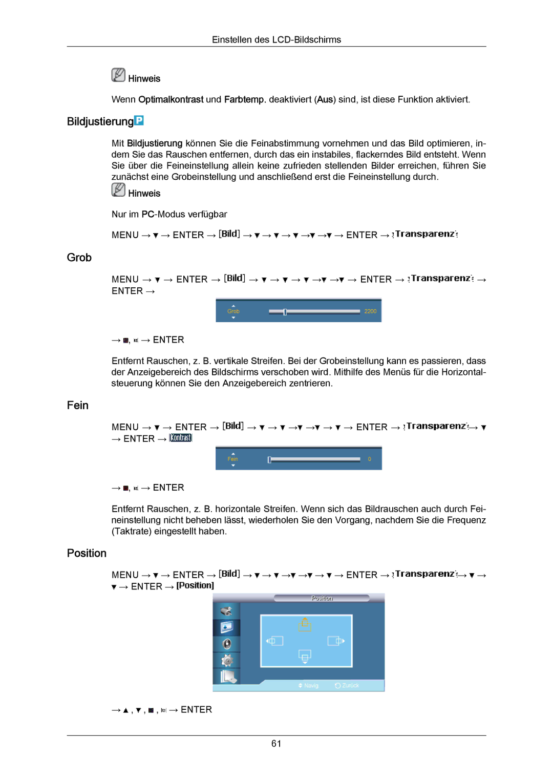 Samsung LH55LBTLBC/EN, LH40LBTLBC/EN, LH40LBPLBC/EN, LH55LBPLBC/EN, LH46LBTLBC/EN, LH46LBPLBC/EN Bildjustierung, Grob, Fein 