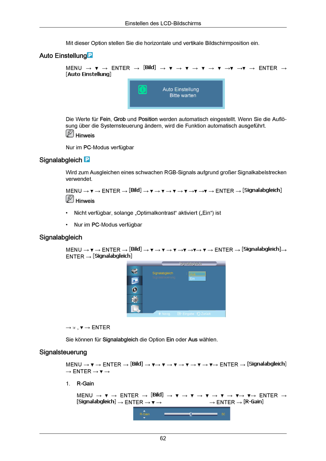 Samsung LH55LBPLBC/EN, LH40LBTLBC/EN, LH40LBPLBC/EN, LH55LBTLBC/EN Auto Einstellung, Signalabgleich, Signalsteuerung, Gain 