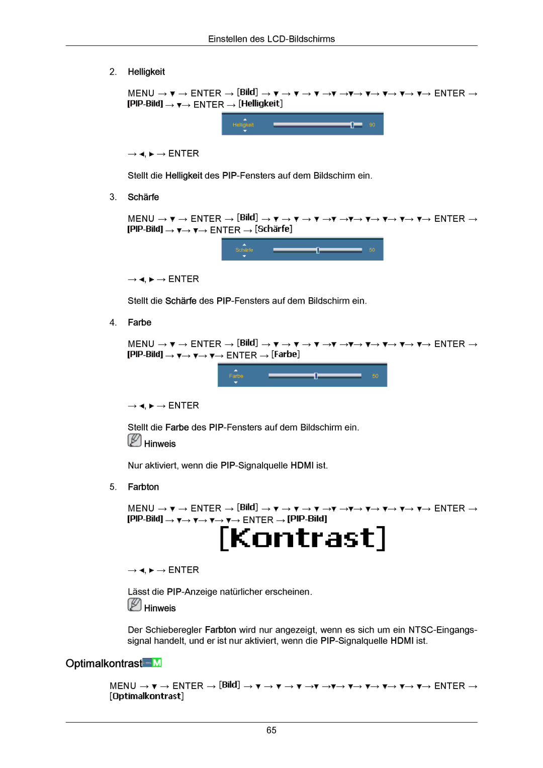 Samsung LH40LBTLBC/EN, LH40LBPLBC/EN, LH55LBTLBC/EN, LH55LBPLBC/EN, LH46LBTLBC/EN manual Optimalkontrast, Farbe, Farbton 