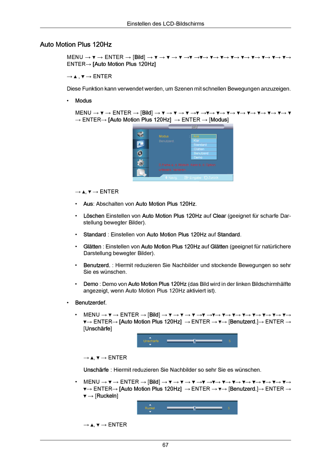 Samsung LH55LBTLBC/EN, LH40LBTLBC/EN manual Modus, Aus Abschalten von Auto Motion Plus 120Hz, Unschärfe, → Ruckeln 