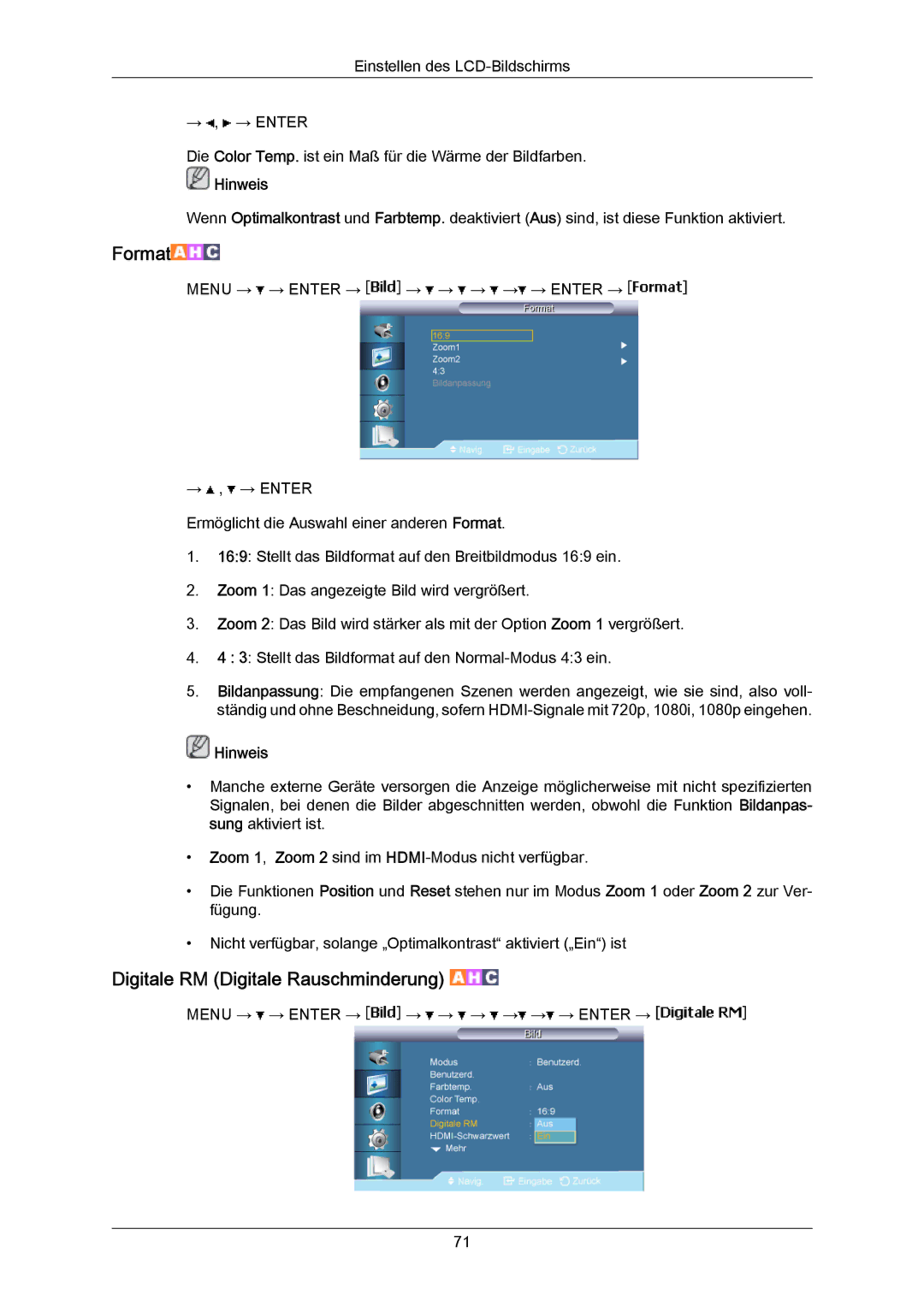 Samsung LH40LBTLBC/EN, LH40LBPLBC/EN, LH55LBTLBC/EN, LH55LBPLBC/EN manual Format, Digitale RM Digitale Rauschminderung 