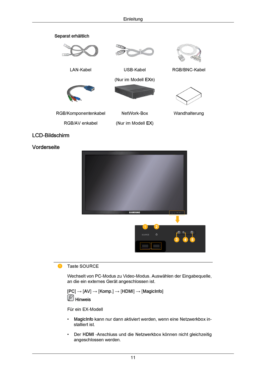 Samsung LH40LBTLBC/EN manual LCD-Bildschirm Vorderseite, Separat erhältlich, PC → AV → Komp. → Hdmi → MagicInfo Hinweis 