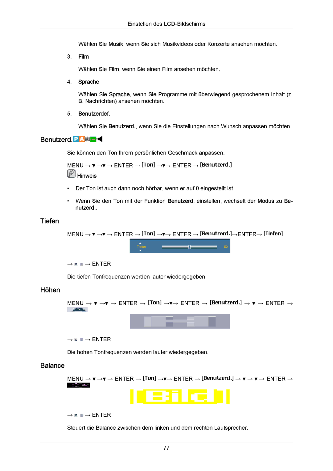 Samsung LH40LBTLBC/EN, LH40LBPLBC/EN, LH55LBTLBC/EN, LH55LBPLBC/EN, LH46LBTLBC/EN manual Tiefen, Höhen, Balance, Film, Sprache 