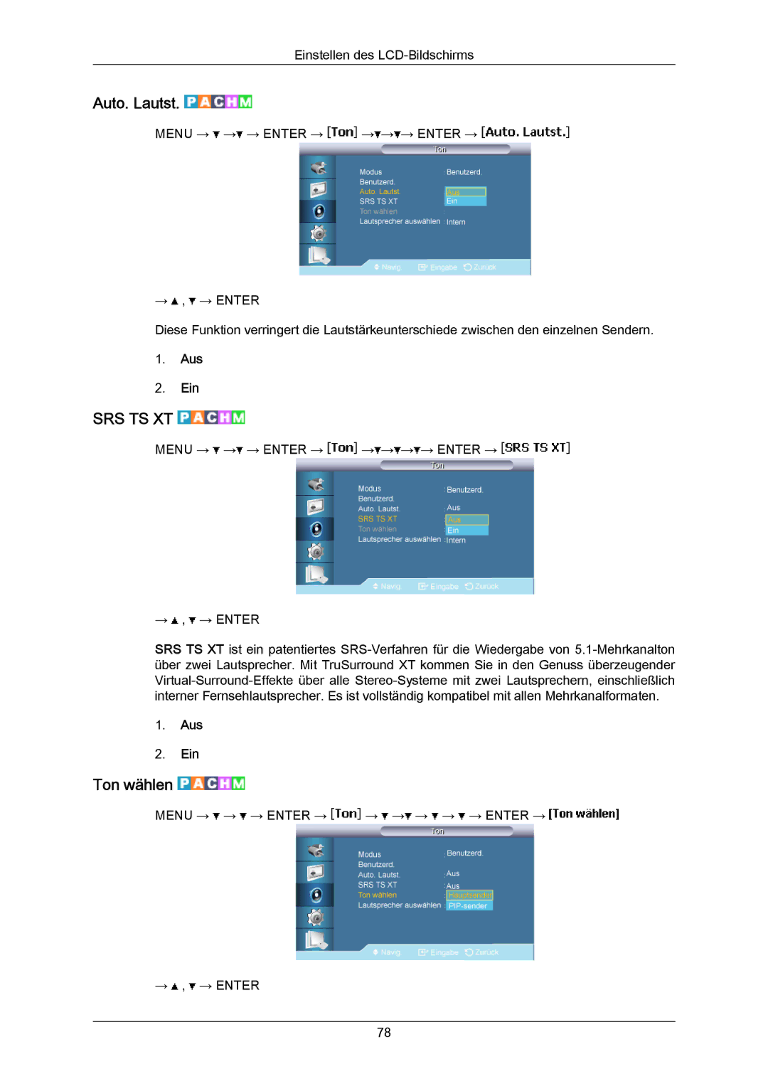 Samsung LH40LBPLBC/EN, LH40LBTLBC/EN, LH55LBTLBC/EN, LH55LBPLBC/EN, LH46LBTLBC/EN, LH46LBPLBC/EN manual Auto. Lautst, Ton wählen 