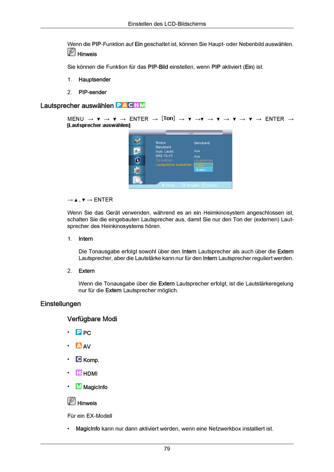 Samsung LH55LBTLBC/EN manual Lautsprecher auswählen, Einstellungen Verfügbare Modi, Hauptsender PIP-sender, Intern, Extern 