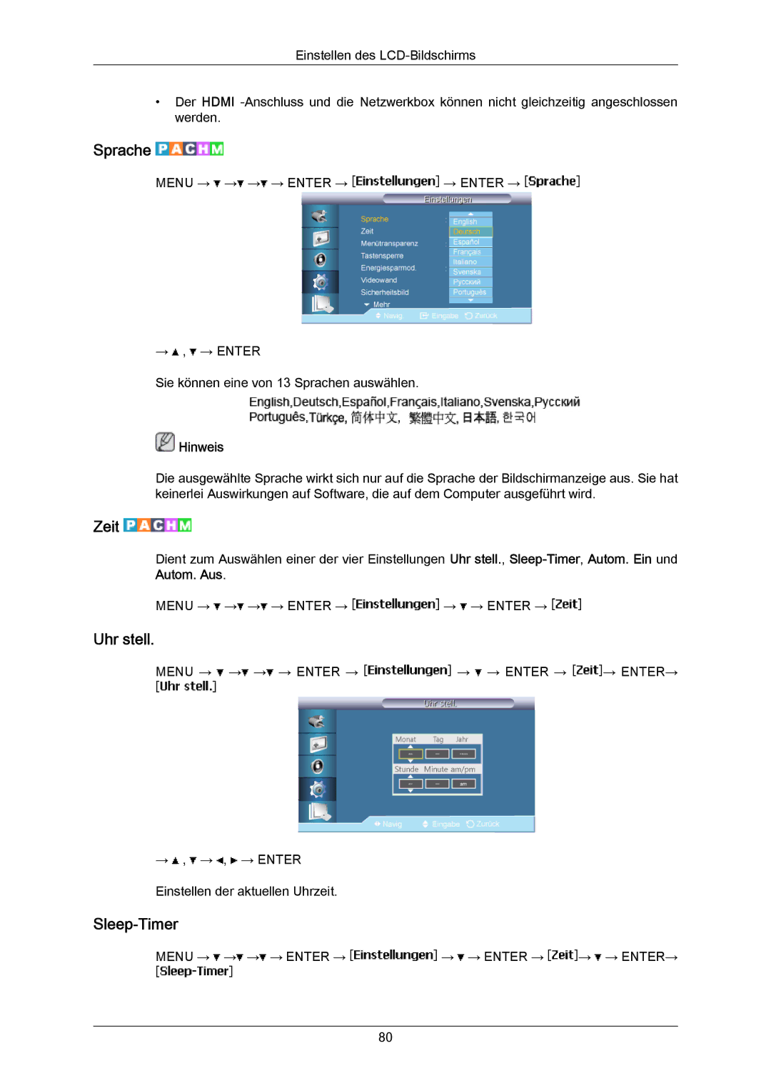 Samsung LH55LBPLBC/EN, LH40LBTLBC/EN, LH40LBPLBC/EN, LH55LBTLBC/EN, LH46LBTLBC/EN manual Sprache, Zeit, Uhr stell, Sleep-Timer 