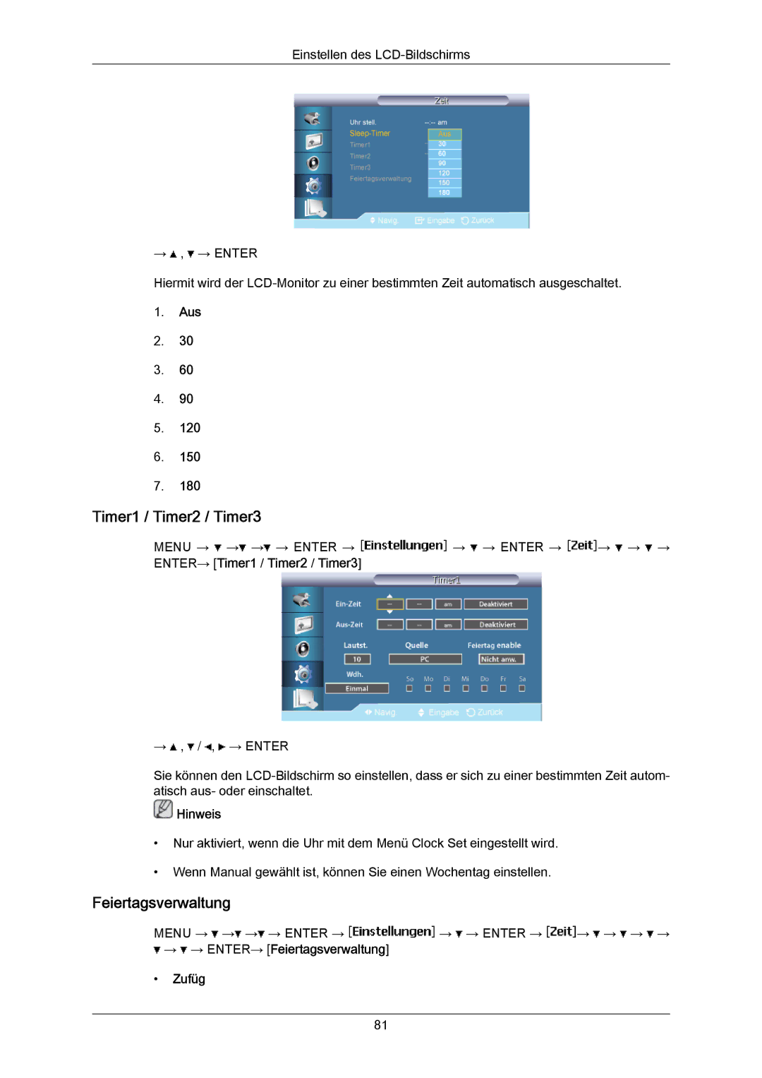 Samsung LH46LBTLBC/EN, LH40LBTLBC/EN, LH40LBPLBC/EN, LH55LBTLBC/EN Timer1 / Timer2 / Timer3, Feiertagsverwaltung, Aus, Zufüg 