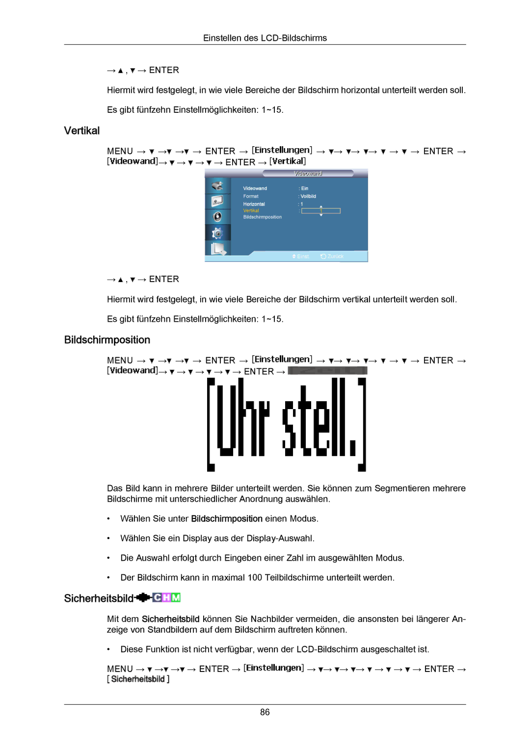 Samsung LH55LBPLBC/EN, LH40LBTLBC/EN, LH40LBPLBC/EN, LH55LBTLBC/EN manual Vertikal, Bildschirmposition, Sicherheitsbild 