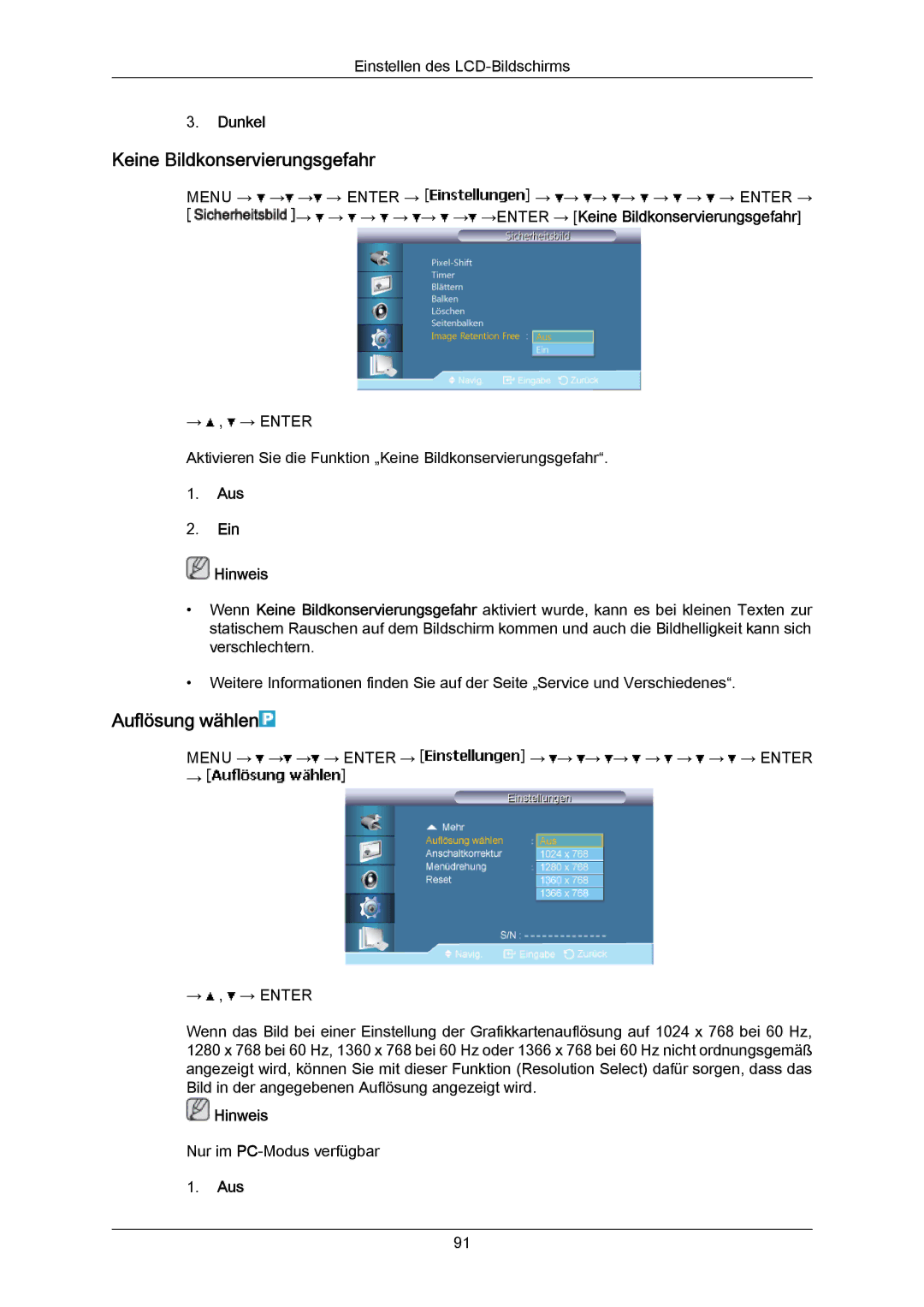 Samsung LH55LBTLBC/EN, LH40LBTLBC/EN, LH40LBPLBC/EN, LH55LBPLBC/EN Keine Bildkonservierungsgefahr, Auflösung wählen, Dunkel 