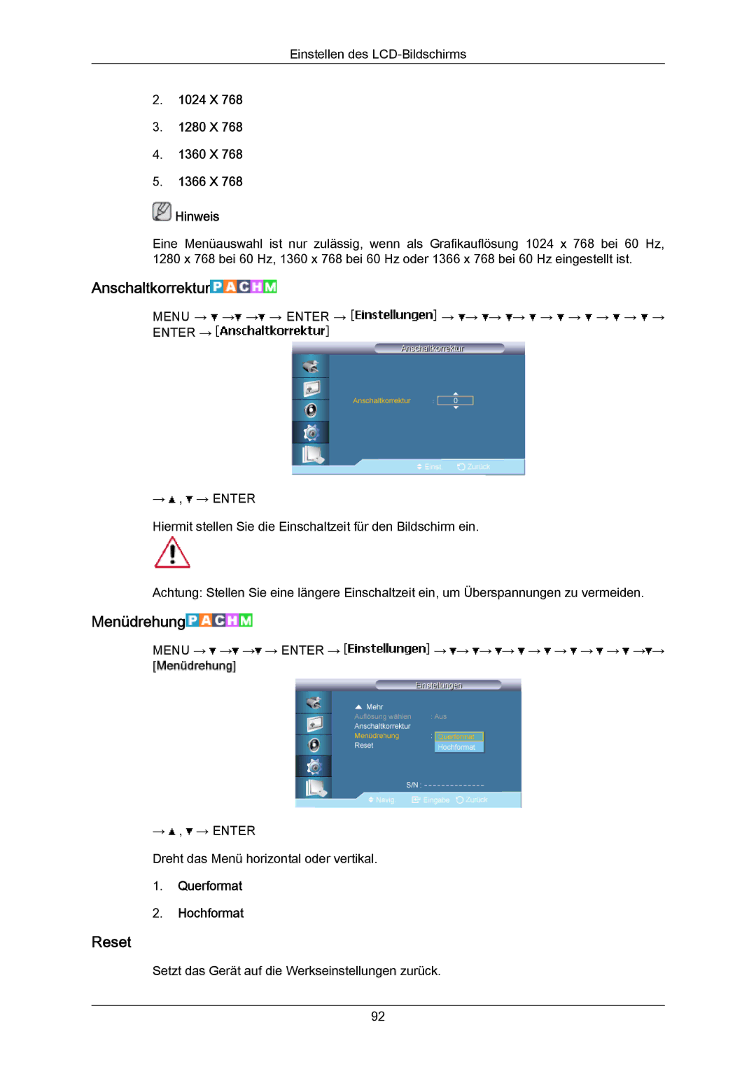 Samsung LH55LBPLBC/EN Anschaltkorrektur, Menüdrehung, Reset, 1024 X 1280 X 1360 X 1366 X Hinweis, Querformat Hochformat 