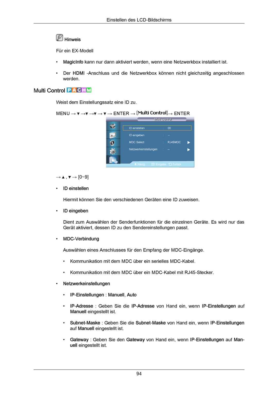 Samsung LH46LBPLBC/EN, LH40LBTLBC/EN, LH40LBPLBC/EN, LH55LBTLBC/EN Multi Control, ID einstellen, ID eingeben, MDC-Verbindung 