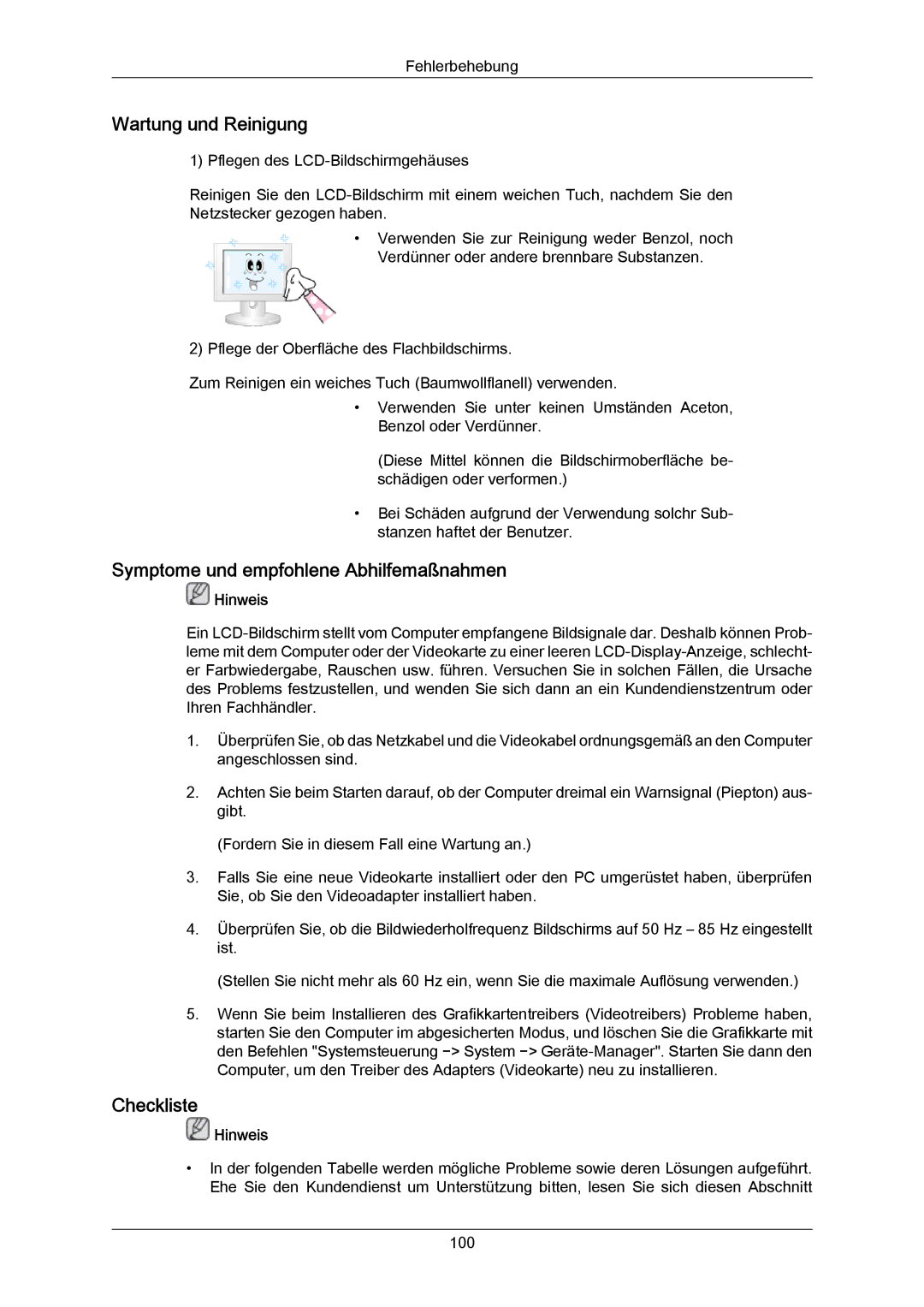 Samsung LH46LBPLBC/EN, LH40LBTLBC/EN manual Wartung und Reinigung, Symptome und empfohlene Abhilfemaßnahmen, Checkliste 