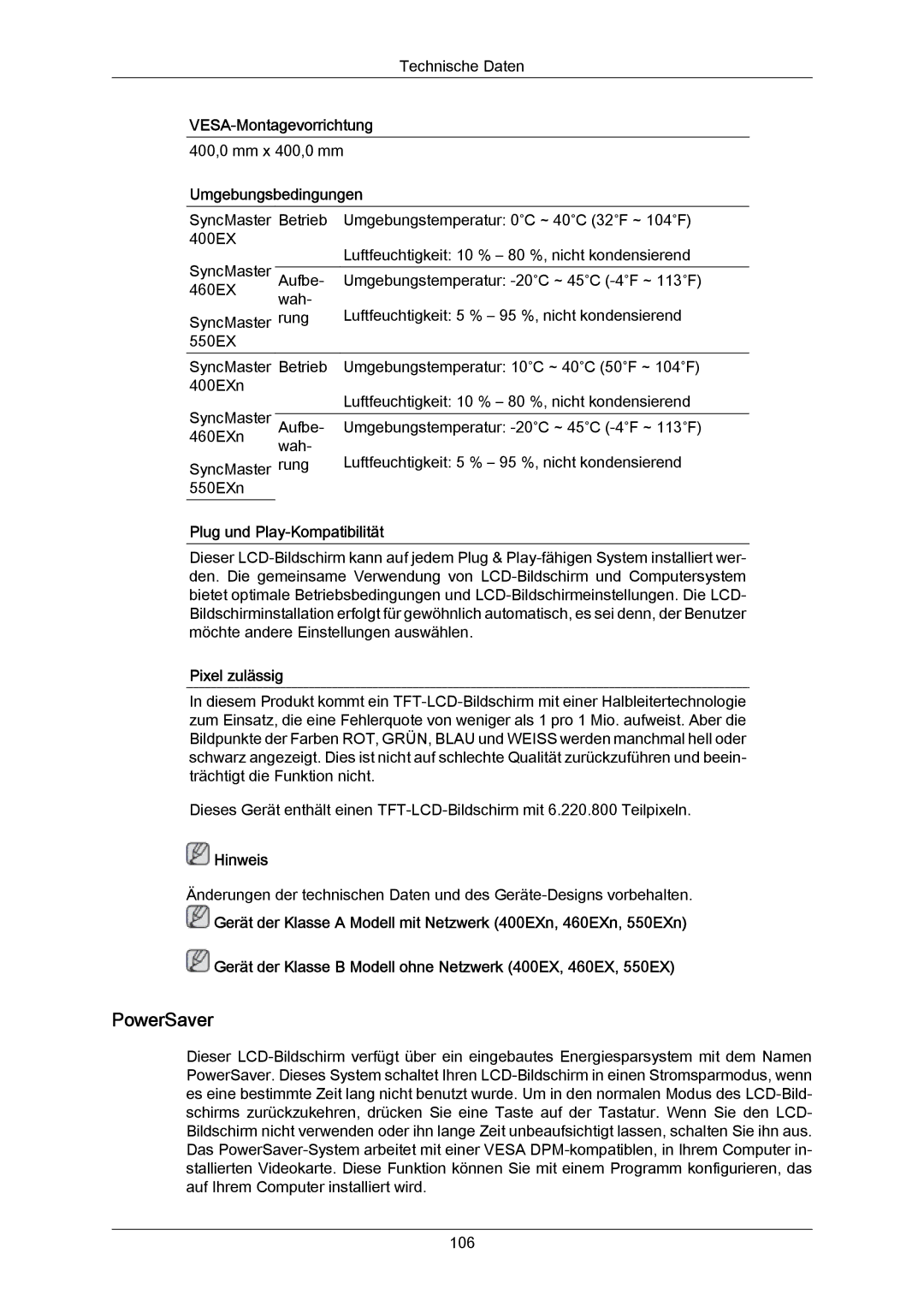 Samsung LH46LBPLBC/EN manual PowerSaver, VESA-Montagevorrichtung, Umgebungsbedingungen, Plug und Play-Kompatibilität 