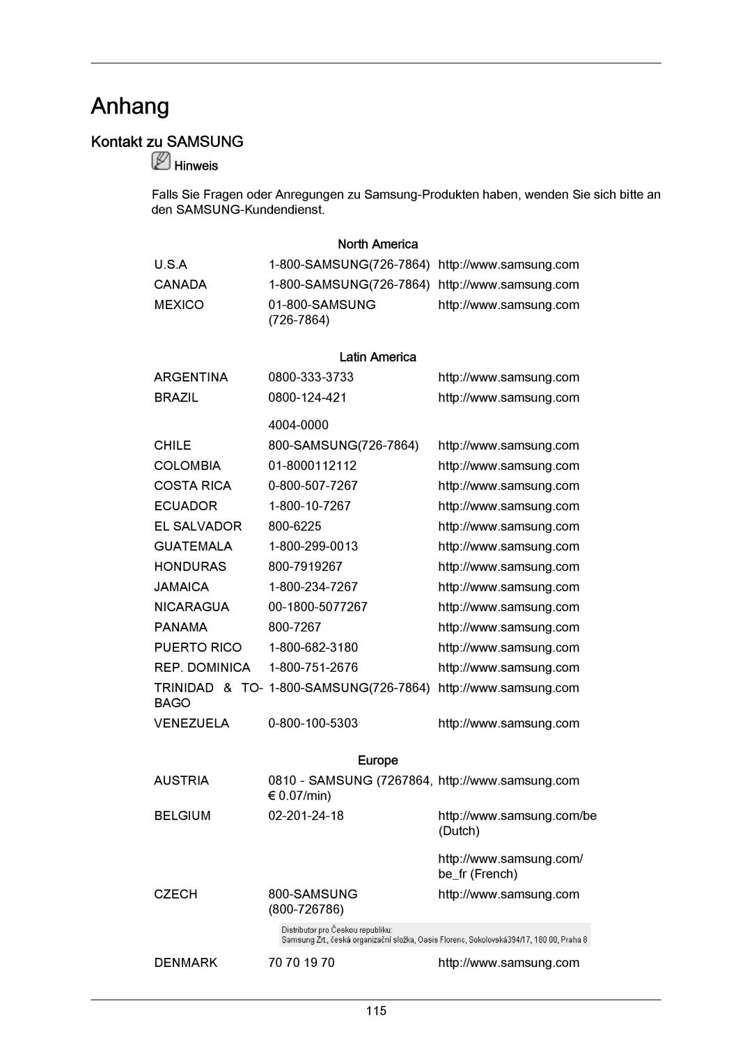 Samsung LH55LBTLBC/EN, LH40LBTLBC/EN, LH40LBPLBC/EN, LH55LBPLBC/EN Kontakt zu Samsung, North America, Latin America, Europe 