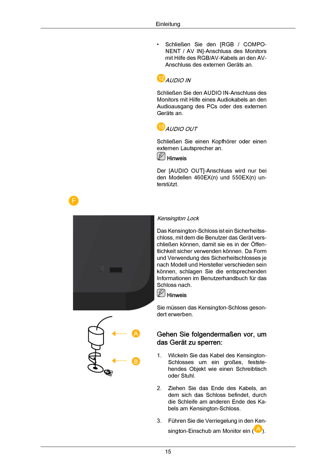 Samsung LH46LBTLBC/EN, LH40LBTLBC/EN, LH40LBPLBC/EN manual Gehen Sie folgendermaßen vor, um das Gerät zu sperren, Audio 