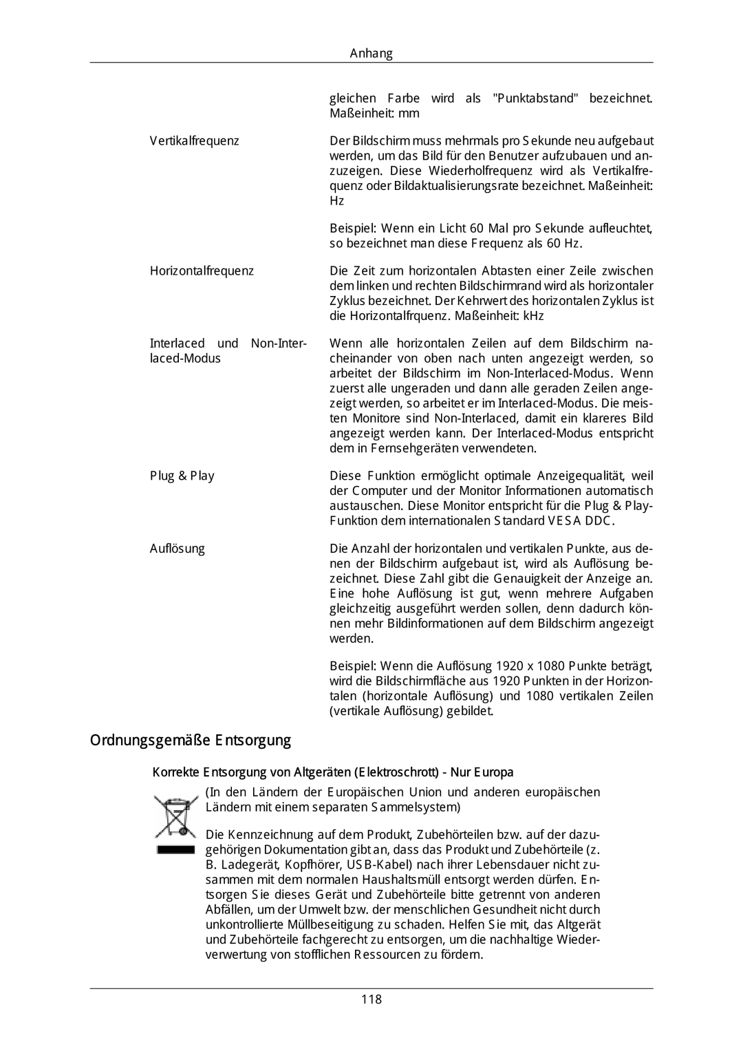 Samsung LH46LBPLBC/EN manual Ordnungsgemäße Entsorgung, Korrekte Entsorgung von Altgeräten Elektroschrott Nur Europa 