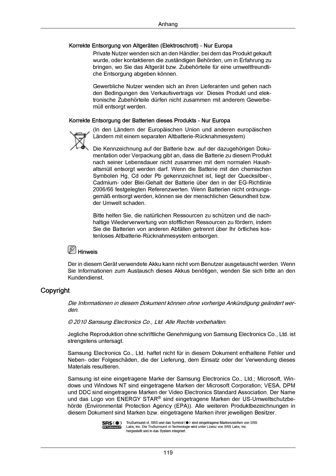 Samsung LH40LBTLBC/EN, LH40LBPLBC/EN, LH55LBTLBC/EN Copyright, Korrekte Entsorgung der Batterien dieses Produkts Nur Europa 