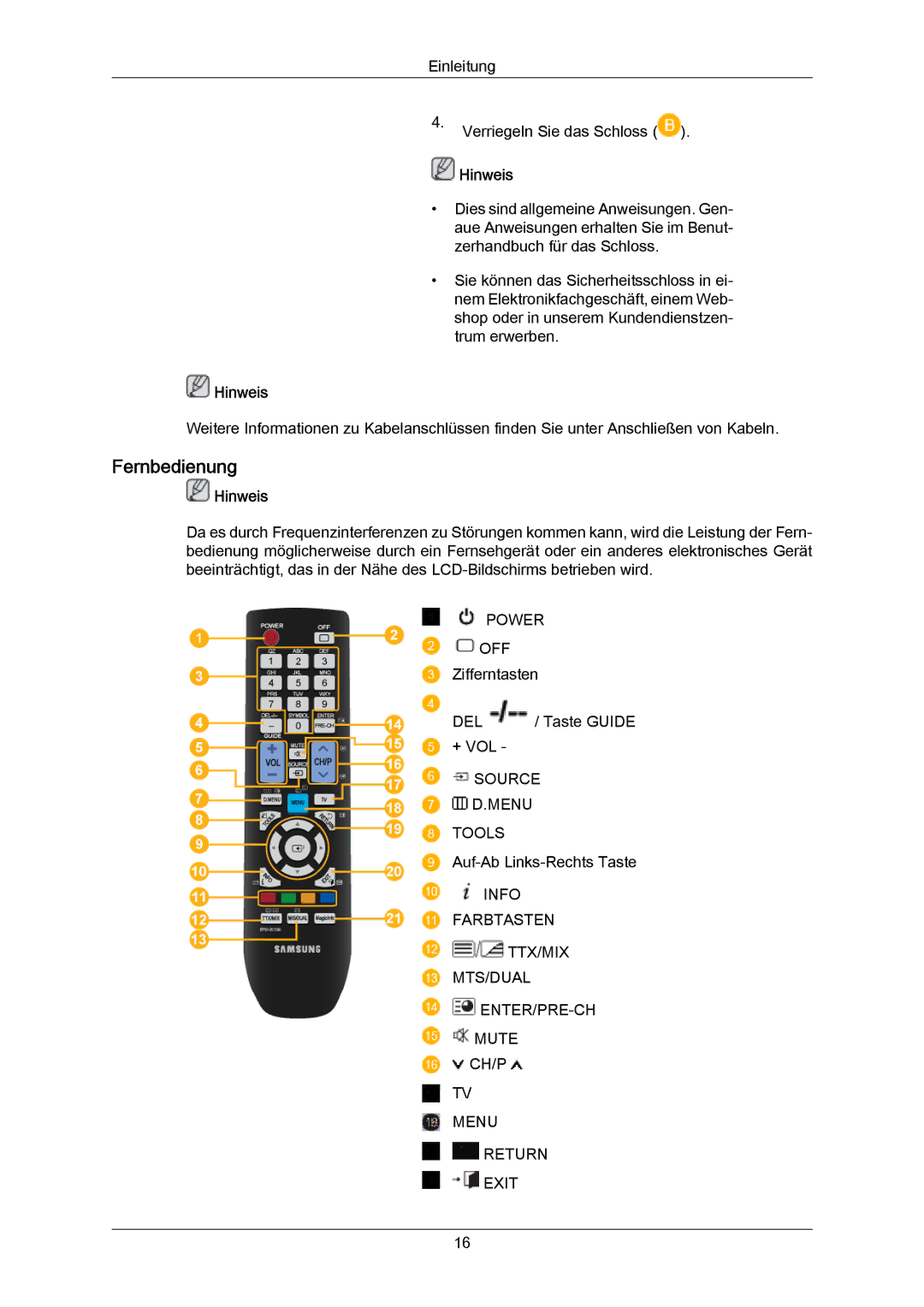 Samsung LH46LBPLBC/EN, LH40LBTLBC/EN, LH40LBPLBC/EN, LH55LBTLBC/EN, LH55LBPLBC/EN, LH46LBTLBC/EN manual Fernbedienung 