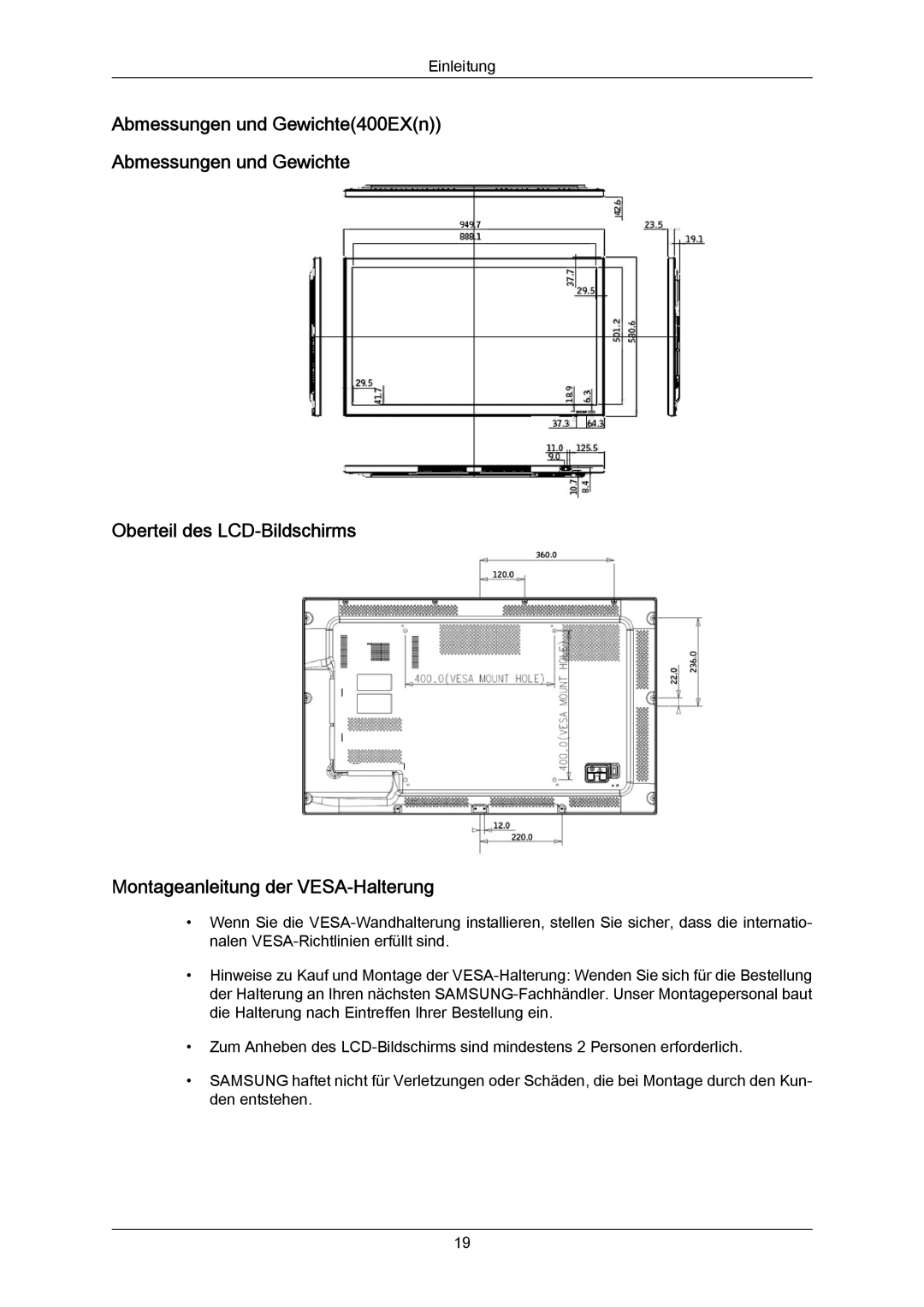 Samsung LH55LBTLBC/EN, LH40LBTLBC/EN, LH40LBPLBC/EN, LH55LBPLBC/EN, LH46LBTLBC/EN, LH46LBPLBC/EN manual Einleitung 