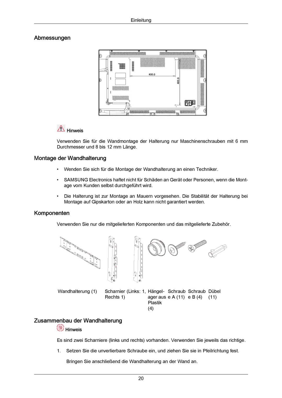 Samsung LH55LBPLBC/EN, LH40LBTLBC/EN Abmessungen, Montage der Wandhalterung, Komponenten, Zusammenbau der Wandhalterung 