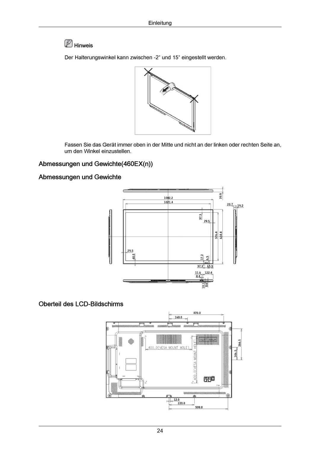 Samsung LH40LBPLBC/EN, LH40LBTLBC/EN, LH55LBTLBC/EN manual Abmessungen und Gewichte460EXn Oberteil des LCD-Bildschirms 