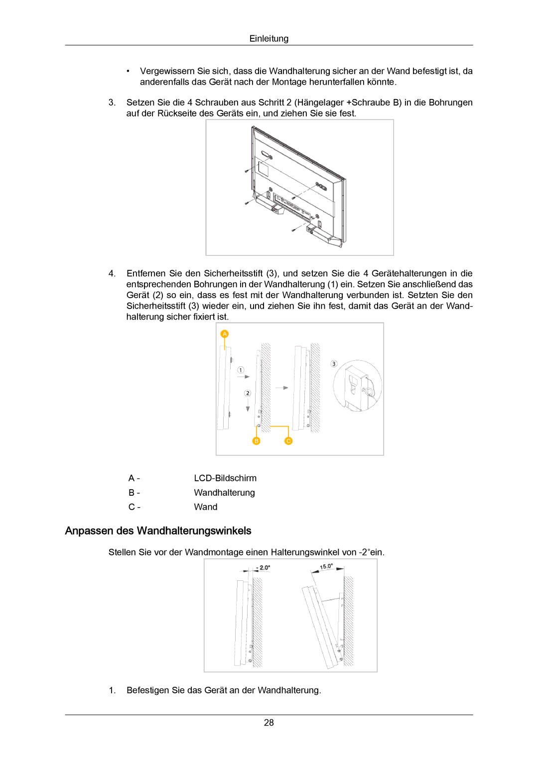 Samsung LH46LBPLBC/EN, LH40LBTLBC/EN, LH40LBPLBC/EN, LH55LBTLBC/EN, LH55LBPLBC/EN manual Anpassen des Wandhalterungswinkels 