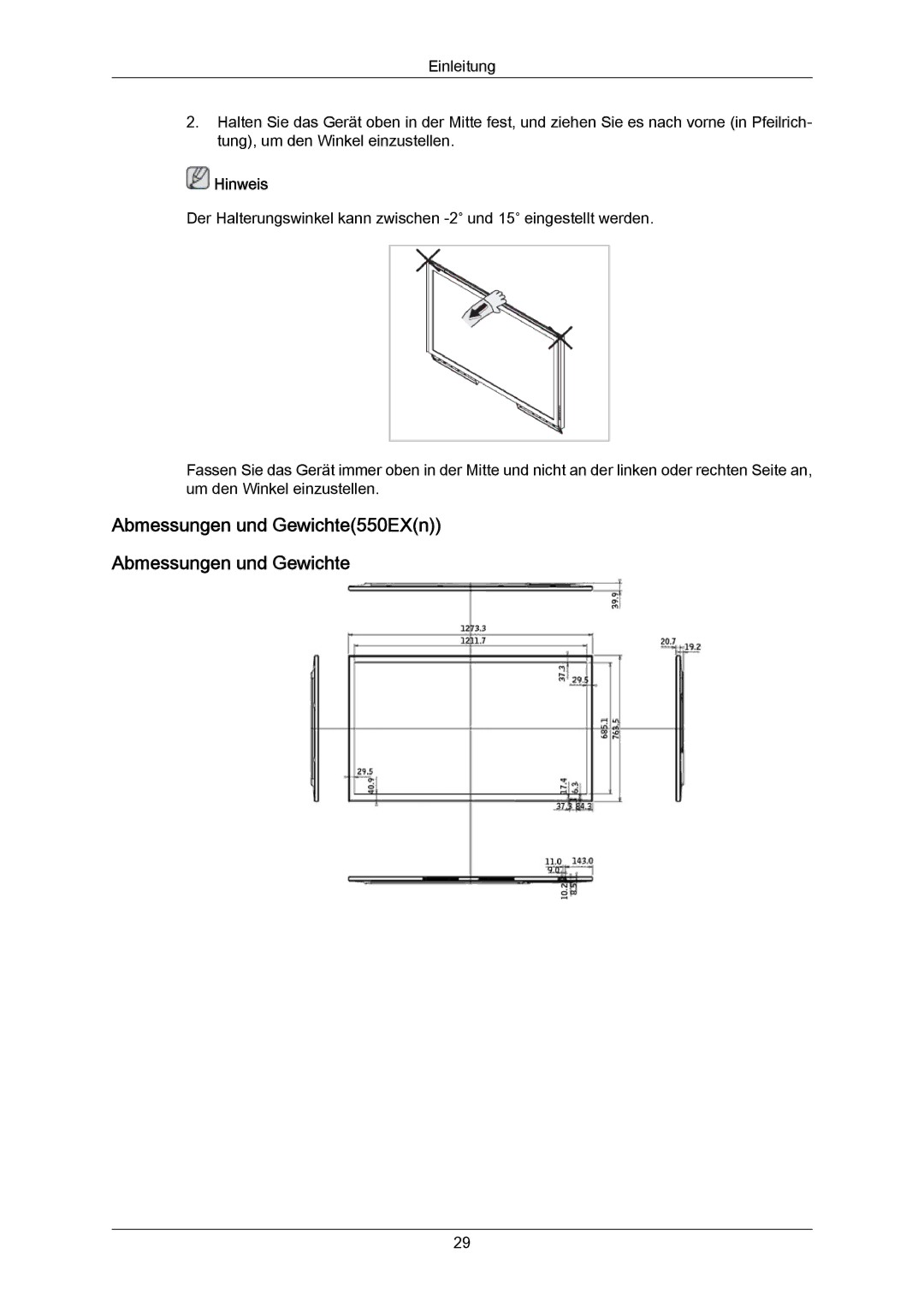 Samsung LH40LBTLBC/EN, LH40LBPLBC/EN, LH55LBTLBC/EN, LH55LBPLBC/EN, LH46LBTLBC/EN manual Abmessungen und Gewichte550EXn 