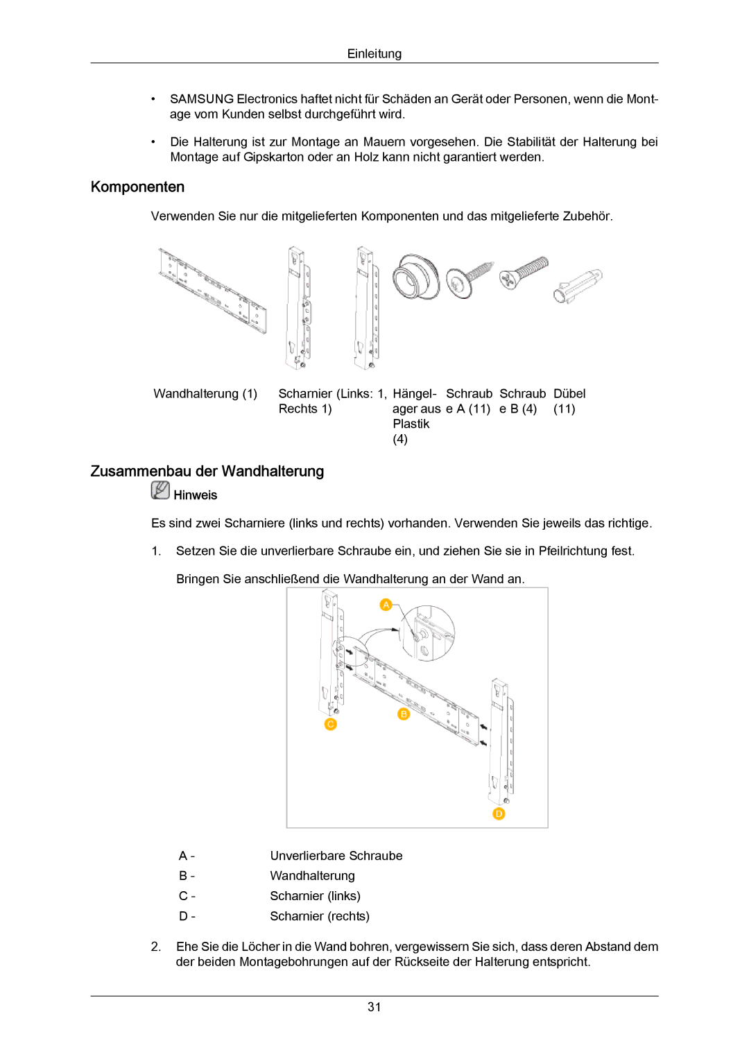 Samsung LH55LBTLBC/EN, LH40LBTLBC/EN, LH40LBPLBC/EN, LH55LBPLBC/EN, LH46LBTLBC/EN, LH46LBPLBC/EN manual Komponenten 