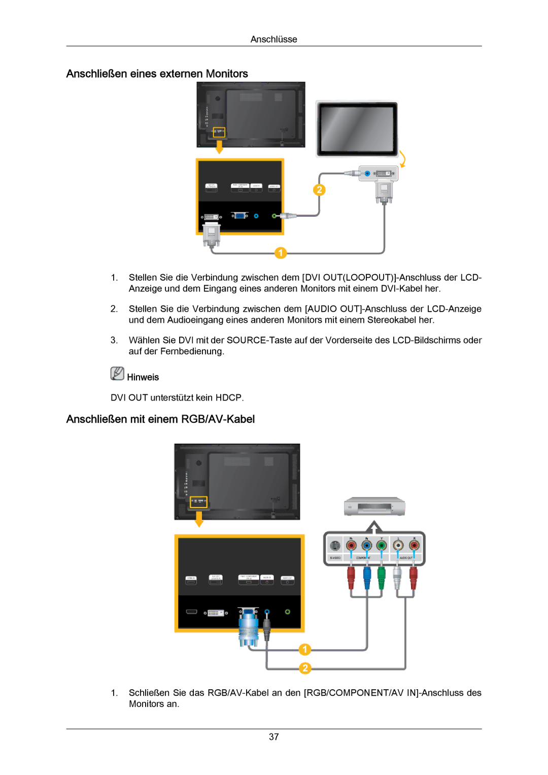 Samsung LH55LBTLBC/EN, LH40LBTLBC/EN, LH40LBPLBC/EN Anschließen eines externen Monitors, Anschließen mit einem RGB/AV-Kabel 