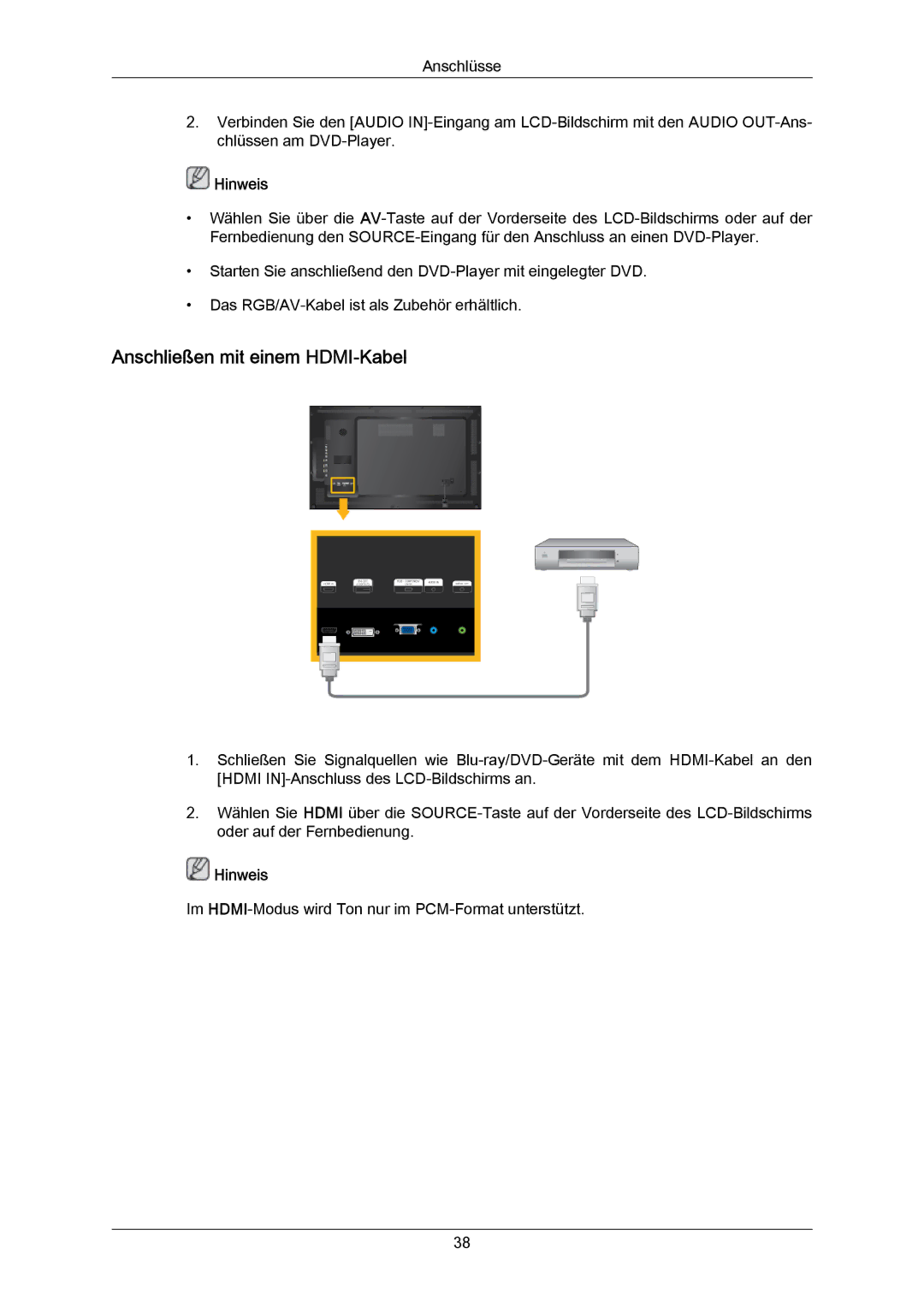 Samsung LH55LBPLBC/EN, LH40LBTLBC/EN, LH40LBPLBC/EN, LH55LBTLBC/EN, LH46LBTLBC/EN manual Anschließen mit einem HDMI-Kabel 